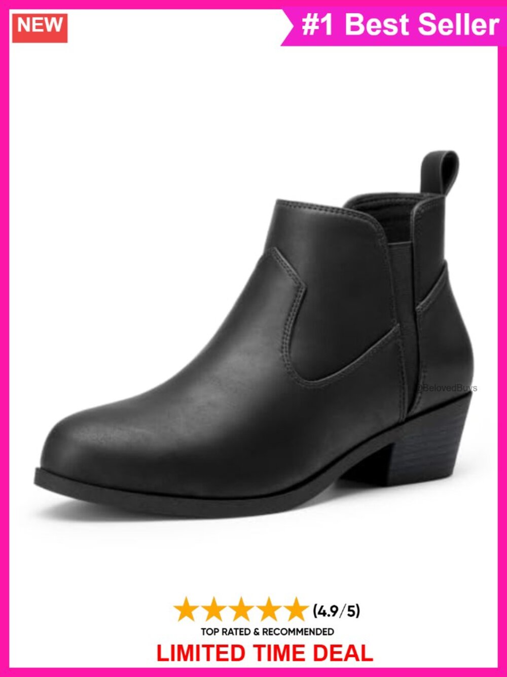 Women's Chunky Low Heel Slip On Ankle Boots Pointed Toe Faux Leather - Picture 1 of 6